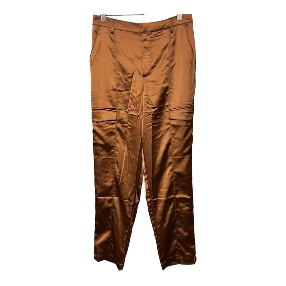 House of Harlow 1960 Satin Cargo Pants Straight Leg High-Rise Trousers Brown 6